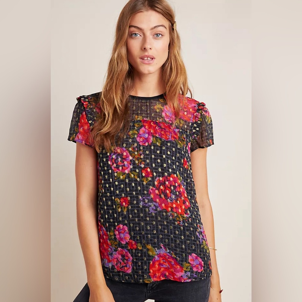 Anthropologie Fiorella Blouse Vibrant Floral Gold Metallic Polka Dot Boho Preppy